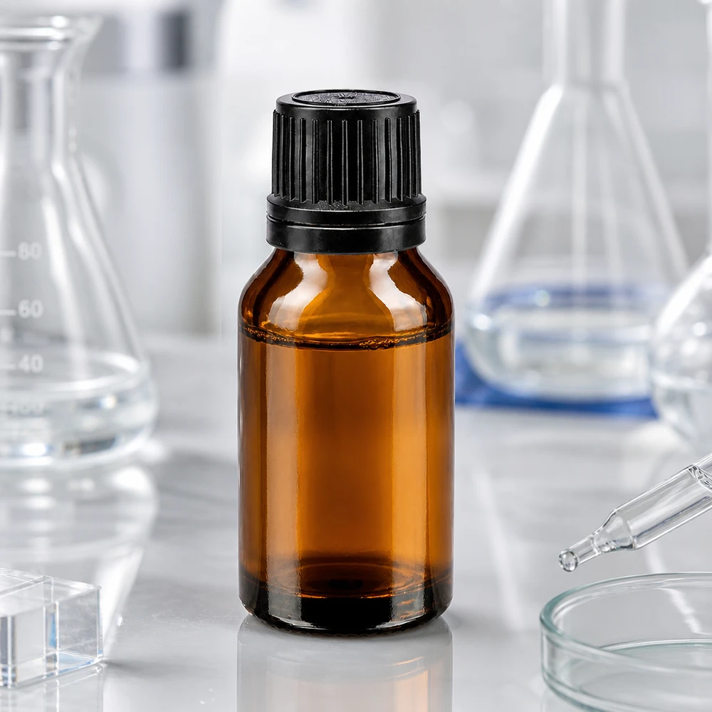 Lékárenská lahvička hnědá 15ml šroubovací uzávěr černý nalévací kroužek tamper evident uzávěr. Kompakte Pharmaflasche 15ml in Bernsteinfarbe mit sicherem Schraubverschluss und Gießring