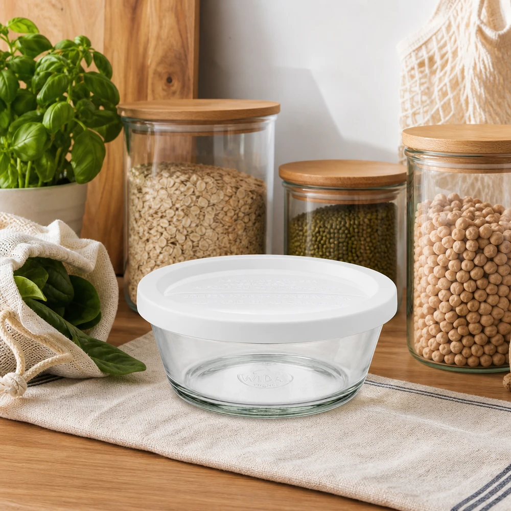 Gurmánská sklenice o objemu 300 ml s čerstvým víčkem. WECK RR120 WECK RR120 Gourmetglas 300ml mit weißem Deckel in natürlicher Küchenumgebung mit Kräutern und Vorratsgläsern