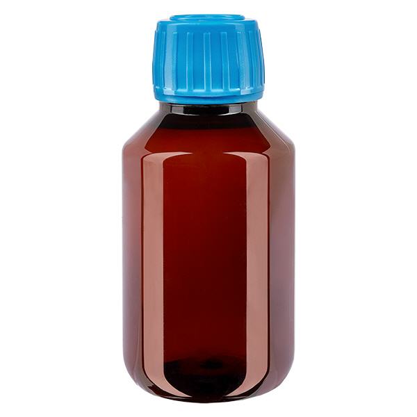 PET láhev 100 ml s modrým uzávěrem, který lze vyjmout. PET láhev 100 ml s modrým uzávěrem, který lze vyjmout.