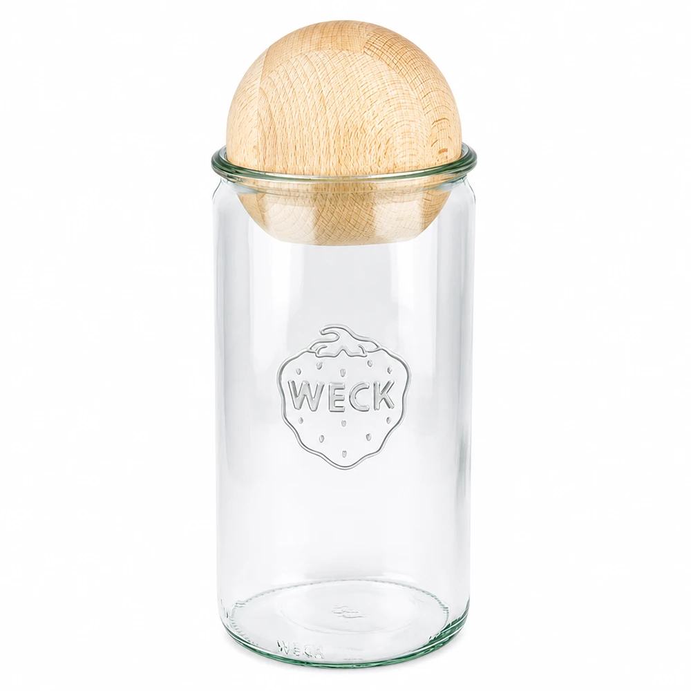 1590ml cylindrická sklenice WECK RR100 s dřevěnou kuličkou buk. WECK Zylinderglas 1590ml RR100 mit Holzkugel aus Buche als nachhaltiger Verschluss für Vorratshaltung
