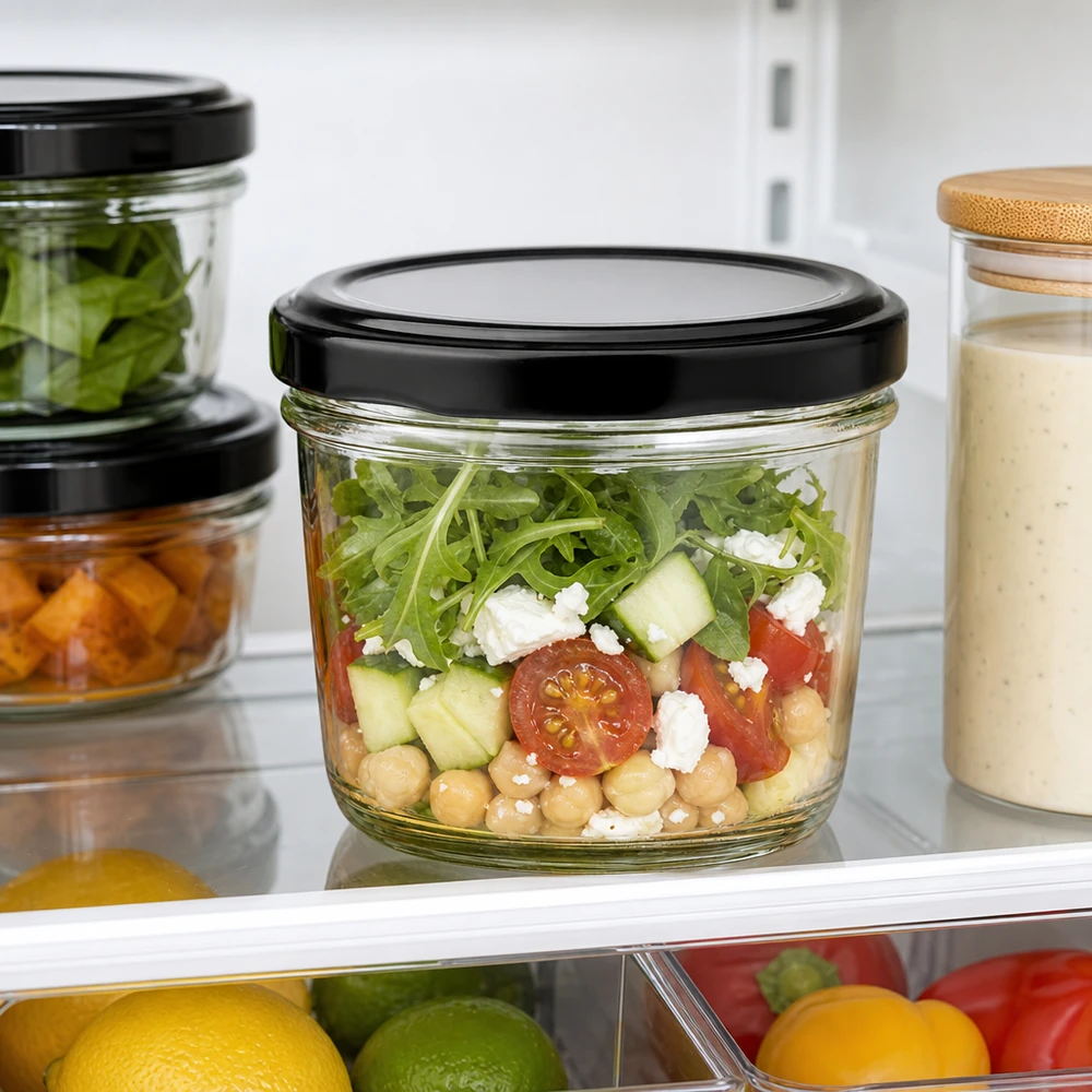 230ml Sturzglas mit schwarzem Deckel im Kühlschrank gefüllt mit frischem Salat zeigt optimale Frischhaltung