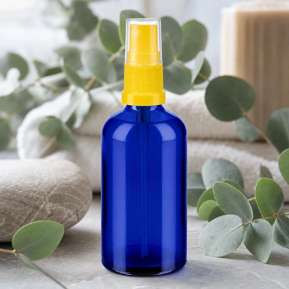 100ml lahvička s rozprašovačem žlutá/transparentní standardní uzávěr BlueLine UT18/100 Hochwertige 100ml BlueLine Sprayflasche mit optimaler Sprühleistung für Hautpflege-Produkte