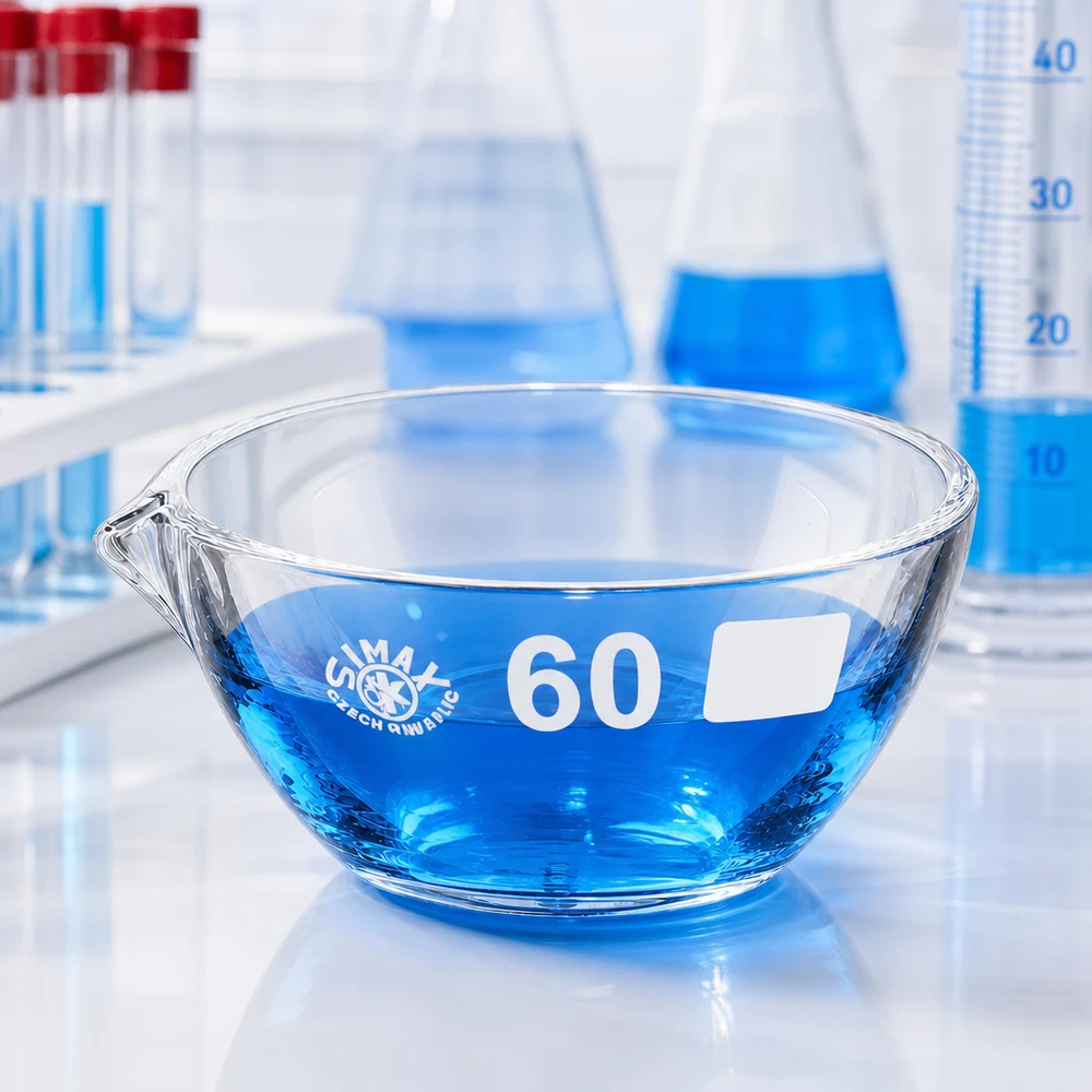 Zásobník na páry o objemu 45 ml s borosilikátovou výlevkou ø60 mm Wissenschaftliche Abdampfschale 45ml aus temperaturstabilem Borosilikat ø60mm mit Ausguss
