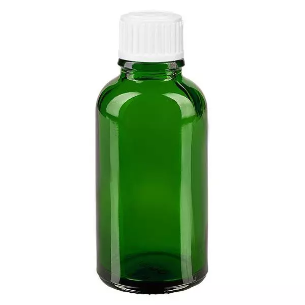 Lékárenská lahvička zelená 30ml šroubovací uzávěr bílé globule standardní Lékárenská lahvička zelená 30ml šroubovací uzávěr bílé globule standardní