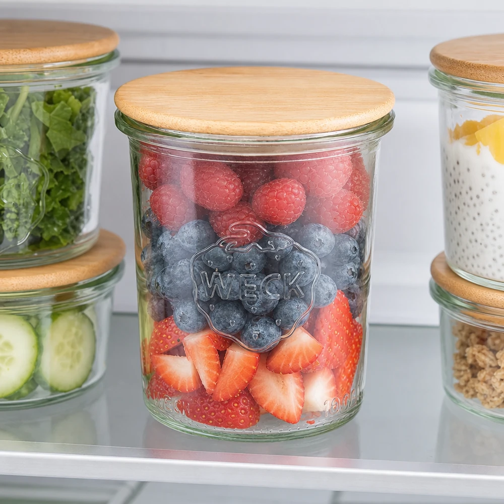 160ml kelímky WECK RR60 s dřevěným víčkem bukové barvy WECK Sturzglas 160ml RR60 Kühlschrank Aufbewahrung frische Beeren Obst organisierte Vorratshaltung Bambusdeckel