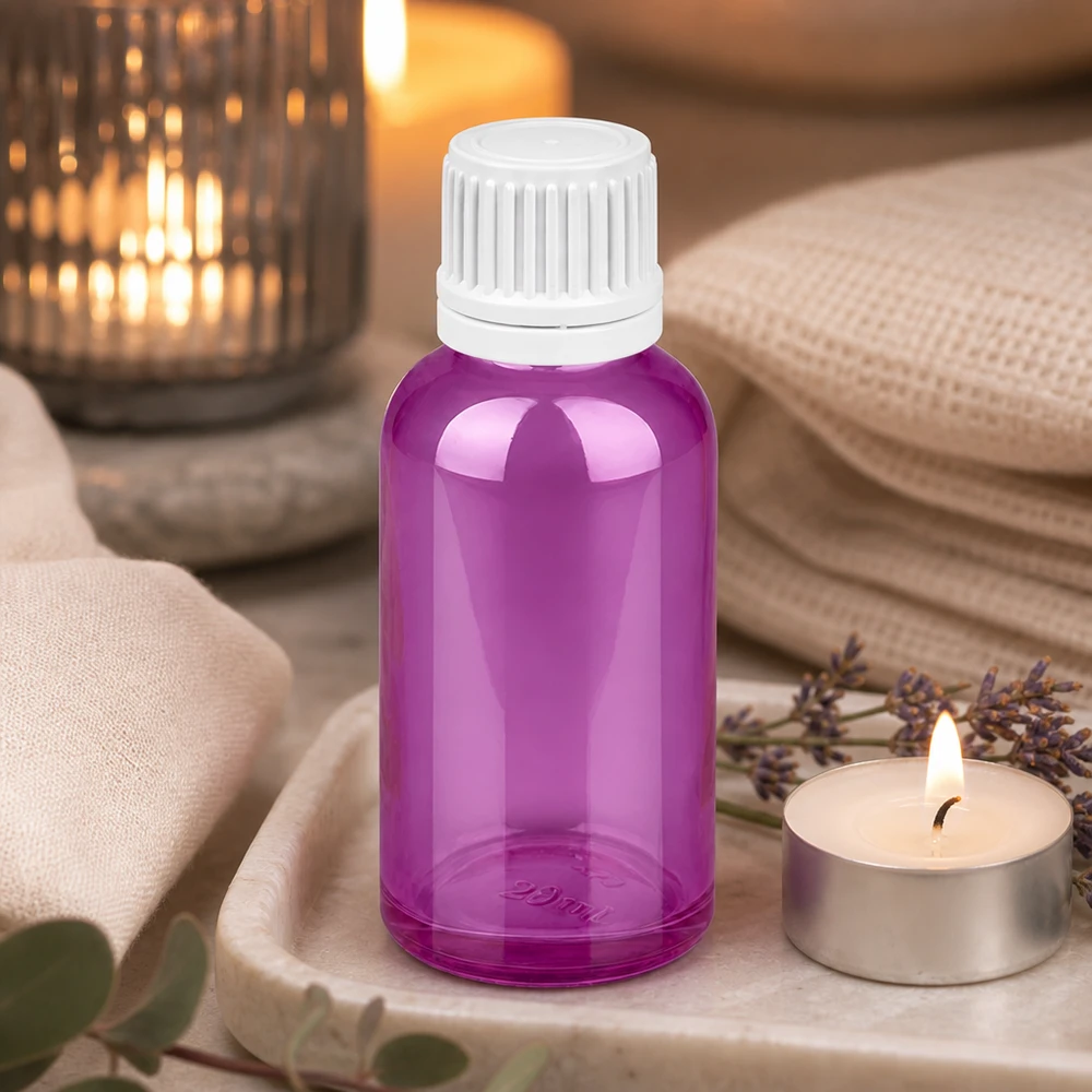 30ml láhev s 11mm šroubovacím uzávěrem bílá Originality šroubovací uzávěr PurpleLine UT18/30 30ml Violettglas mit weißem Schraubdeckel ideal für Reisegrößen und mobile Anwendungen