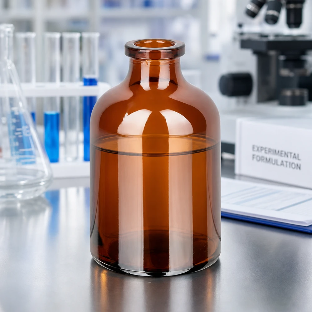 Injekční lahvička z jantarového skla 50ml 50ml Injektionsvial Braunglas mit charakteristischer Taillierung und gerolltem Flaschenhals