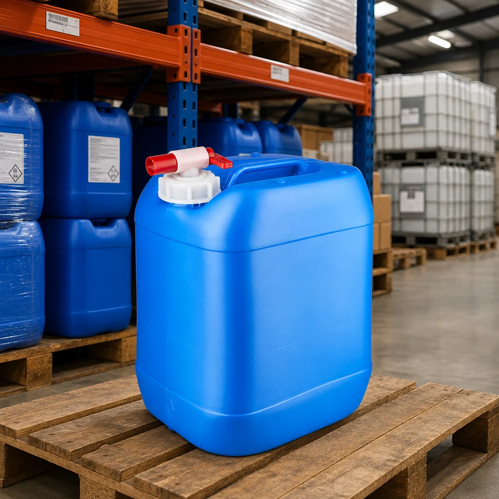 Kanystr 20 litrů modrý s vypouštěcím kohoutem Rechteckiger Vorratstank 20 Liter Blau mit Entnahmeventil für Reinigungsmittel