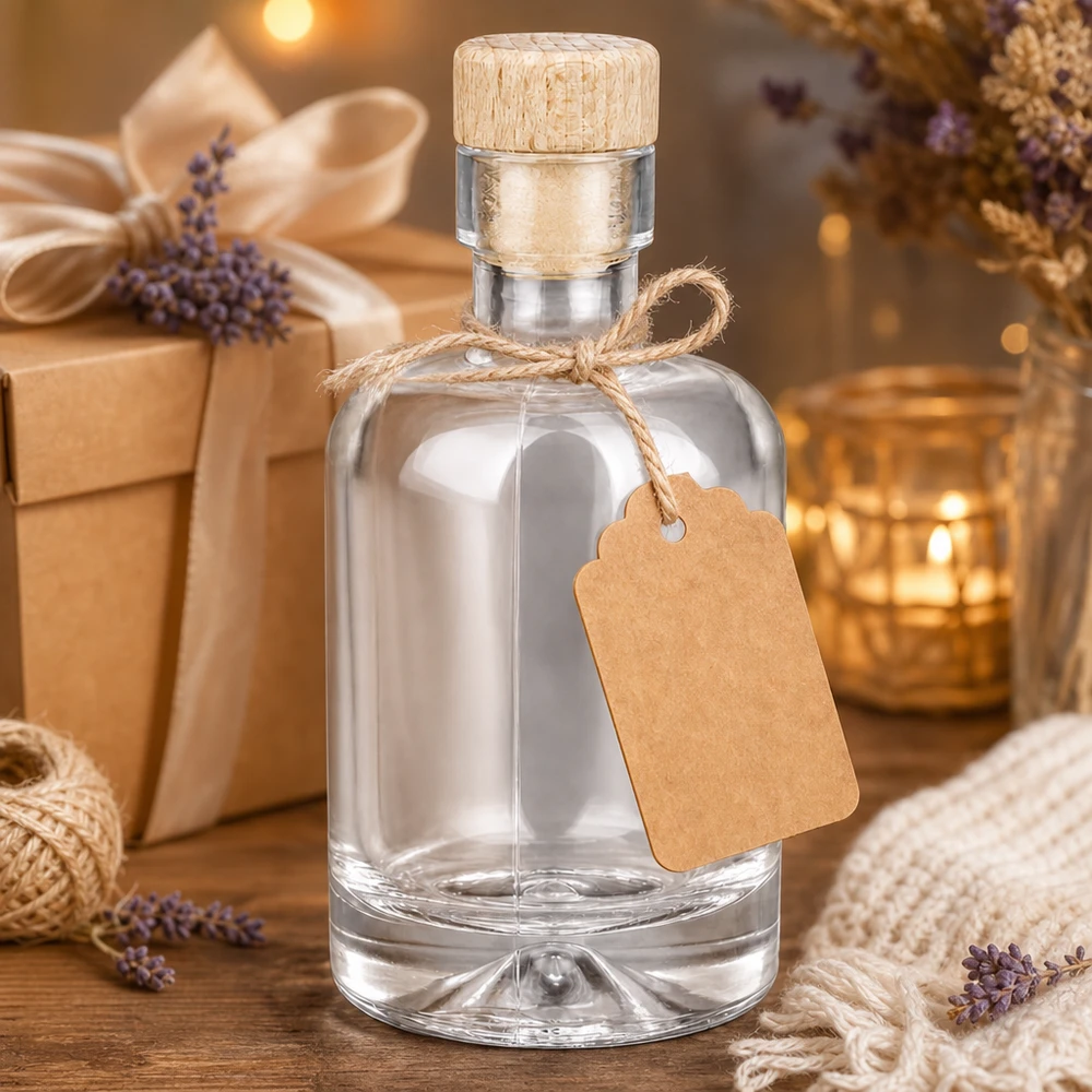 50ml Glasflasche Amelie als Geschenkset mit Lavendel Kraftpapier-Anhänger und warmem Kerzenlicht dekoriert