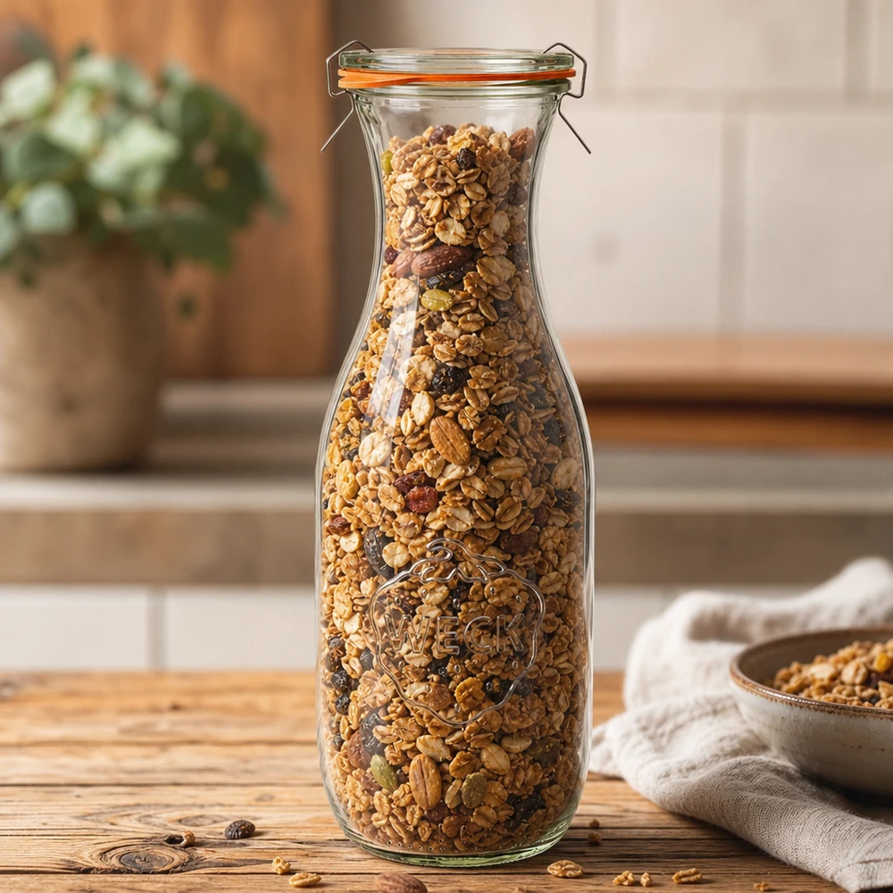 1062ml láhev na šťávu kompletní WECK RR60 WECK Saftflasche 1062ml RR60 mit Müsli Nüssen gefüllt als Vorratsglas in warmer Küchenatmosphäre präsentiert