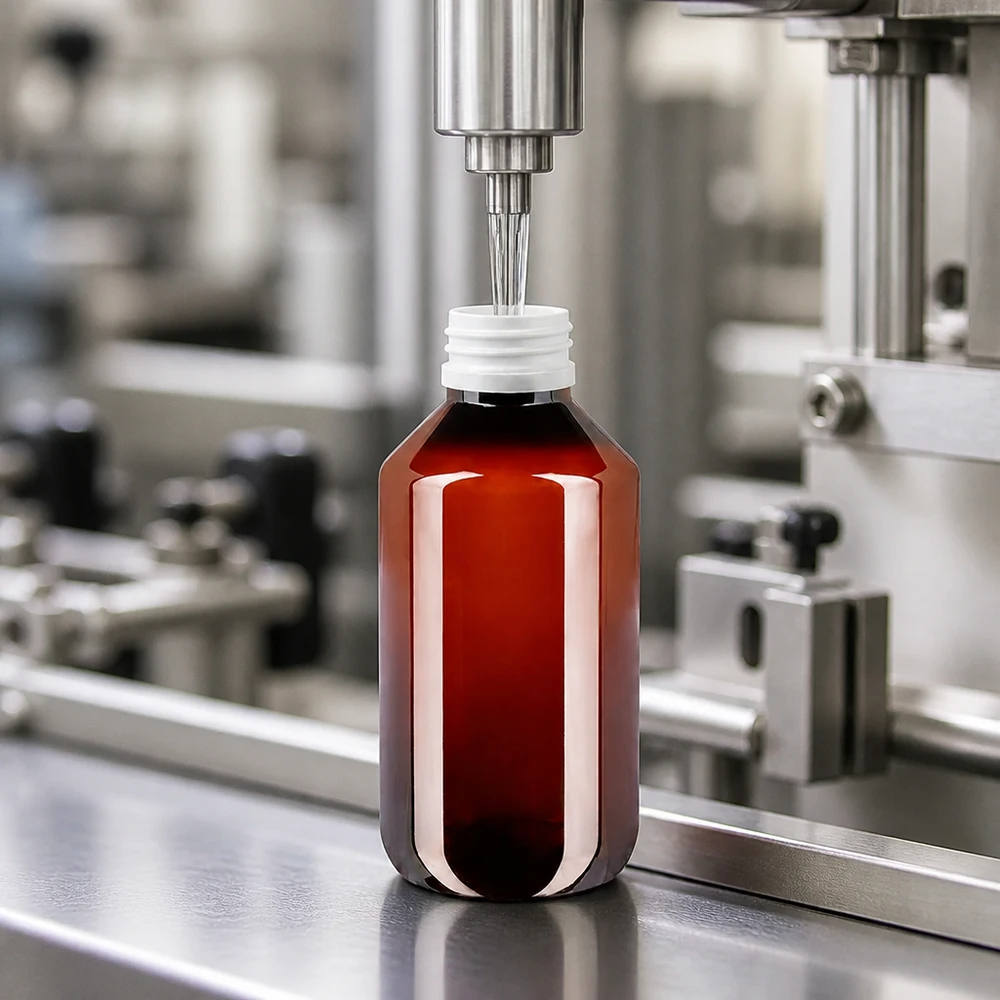Farmaceutická plnicí linka plní hnědé PET láhve o objemu 100 ml s bílým šroubovacím uzávěrem