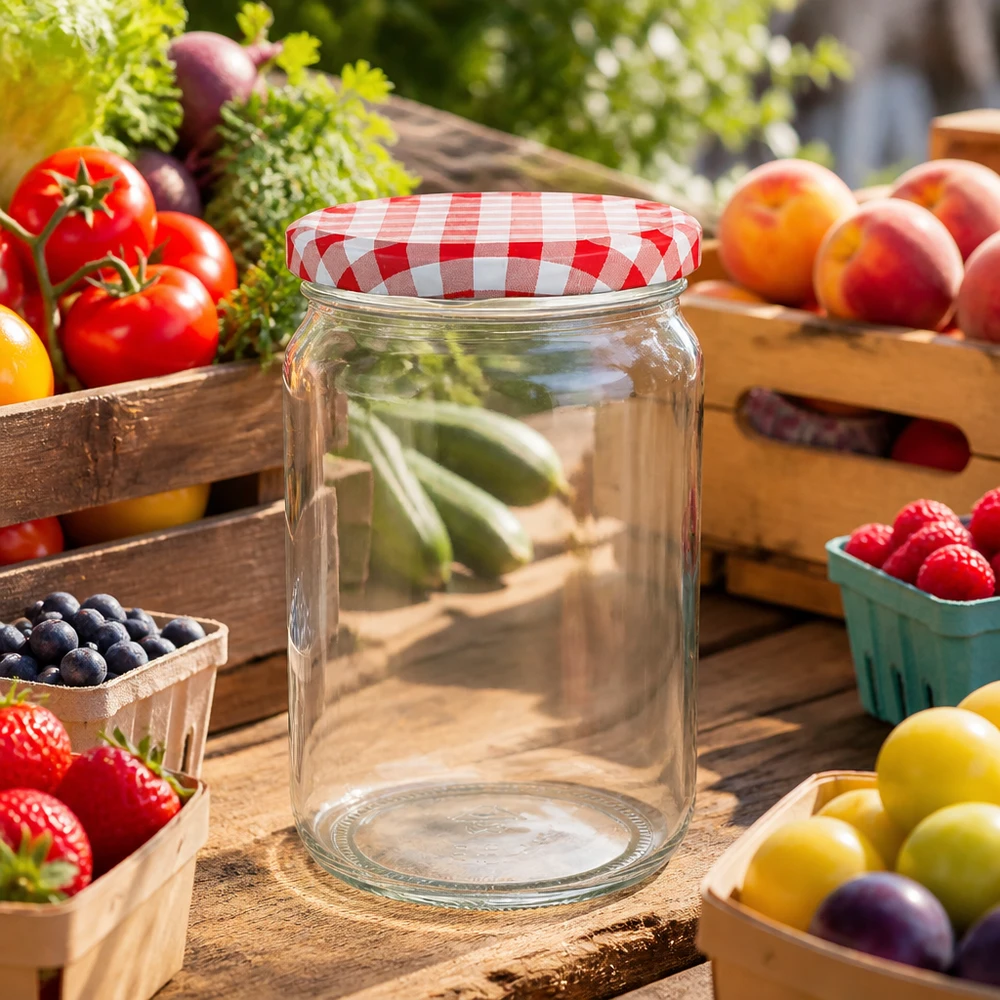 795ml Rundglas mit rot-weiß kariertem Deckel zwischen frischem Obst und Gemüse auf Holztisch im Garten
