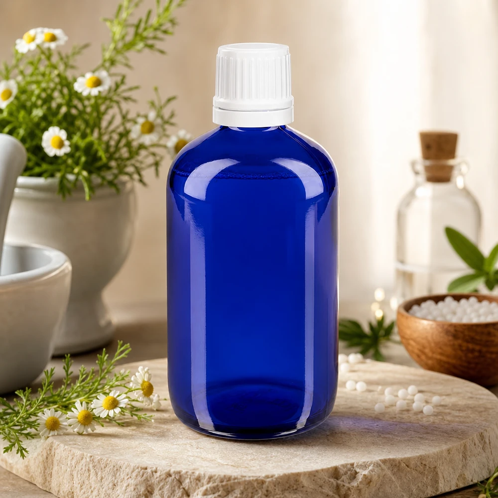 Apothekerflasche 100ml Kobaltblau mit kindersicherem Weißdeckel neben Mörser und Glasflakon