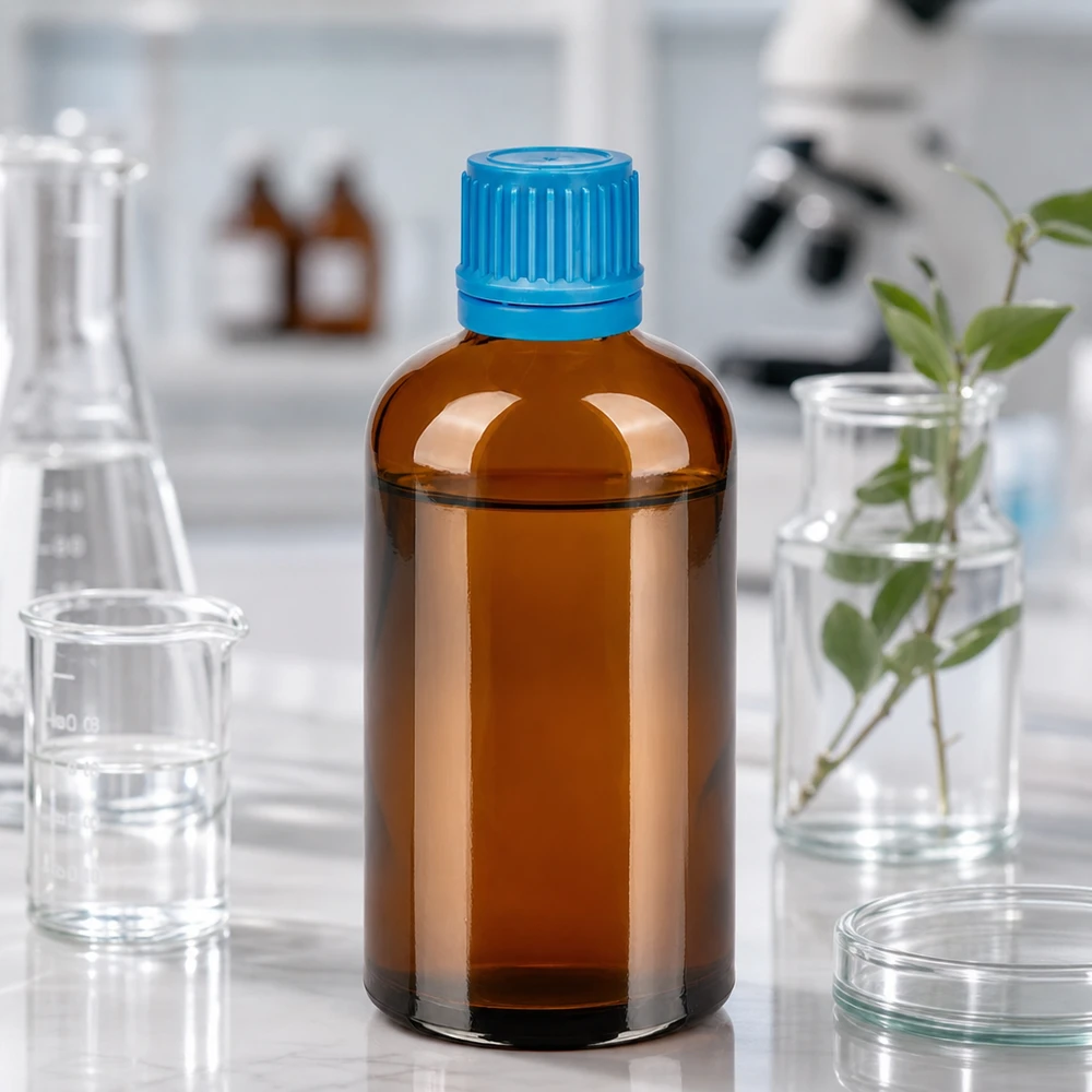 100ml lahvička 11mm šroubovací uzávěr modrý tamper evidentní uzávěr BrownLine UT18/100 Chemikalienresistente 100ml Braunglasflasche mit ergonomischem Design für einfache Handhabung