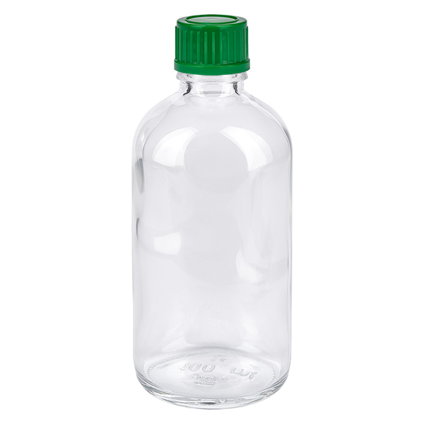 100ml láhev 11mm šroubovací uzávěr zelená Standard ClearLine UT18/100 Kleine Glasflasche 100ml transparent grüner Deckel Pharma Verpackung ClearLine