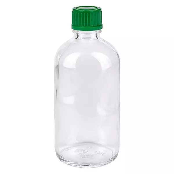 100ml láhev 11mm šroubovací uzávěr zelená Standard ClearLine UT18/100 Kleine Glasflasche 100ml transparent grüner Deckel Pharma Verpackung ClearLine