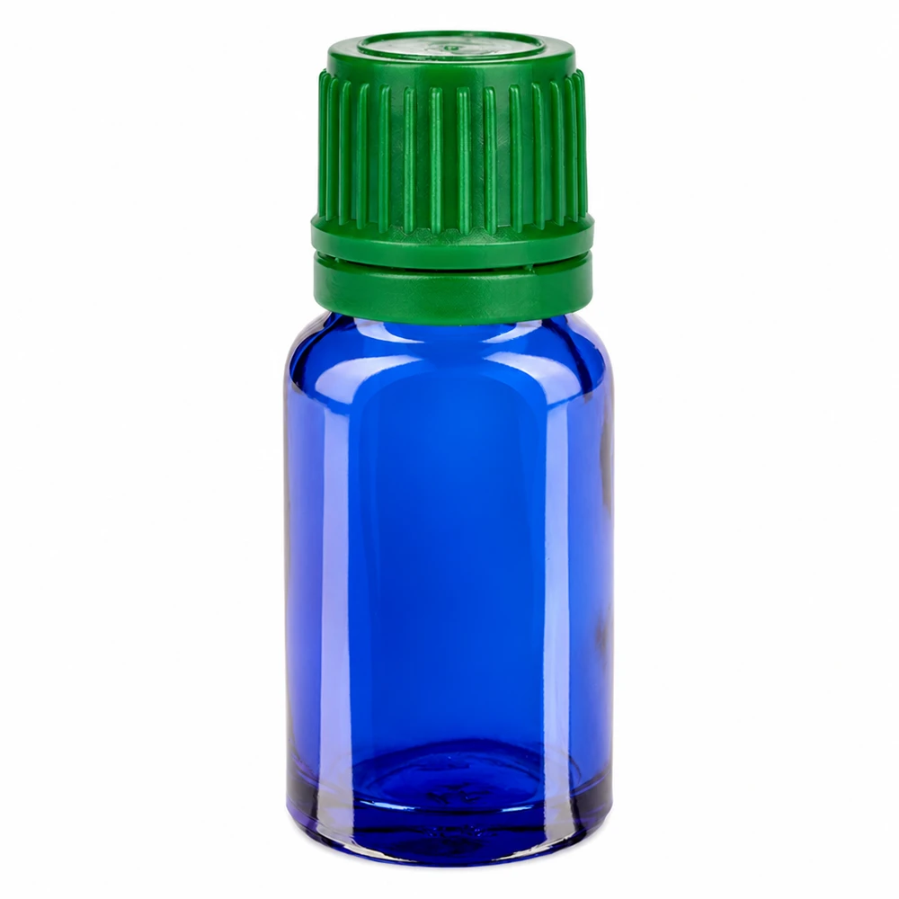 Zylindrische 10ml Glasflasche blau mit geripptem grünem Verschluss SV-System