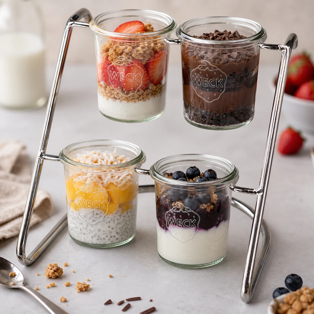 Serviergestell Flato4 mit bunten Desserts in WECK Gläsern - Joghurt, Beeren und Granola appetitlich präsentiert