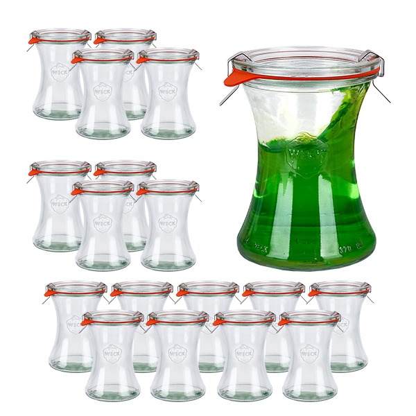 Sada 18 zavařovacích sklenic Weck o objemu 370 ml na lahůdky s 18 skleněnými víčky. Sada 18 zavařovacích sklenic Weck o objemu 370 ml na lahůdky s 18 skleněnými víčky.