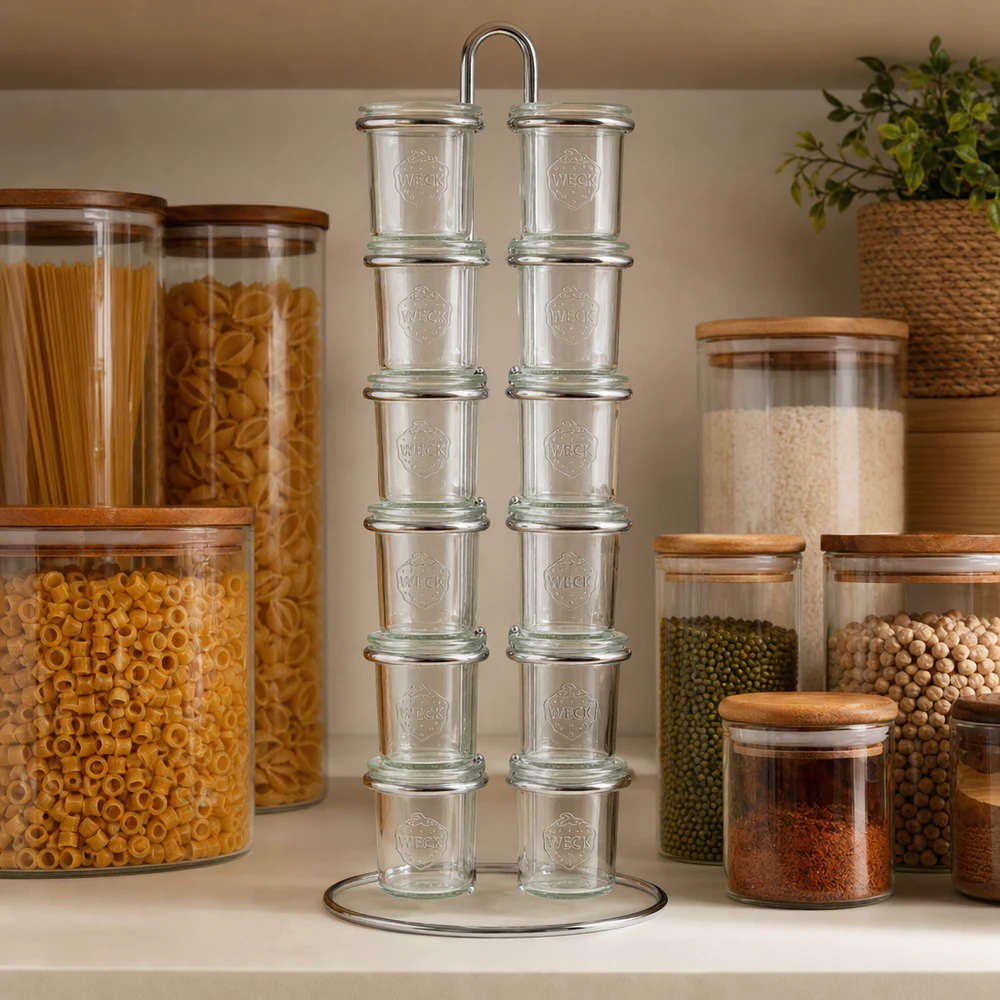 Pantry-Organisation mit WECK Vertico12 Gestell zwischen Vorratsgläsern mit Pasta Reis Hülsenfrüchten und Gewürzen