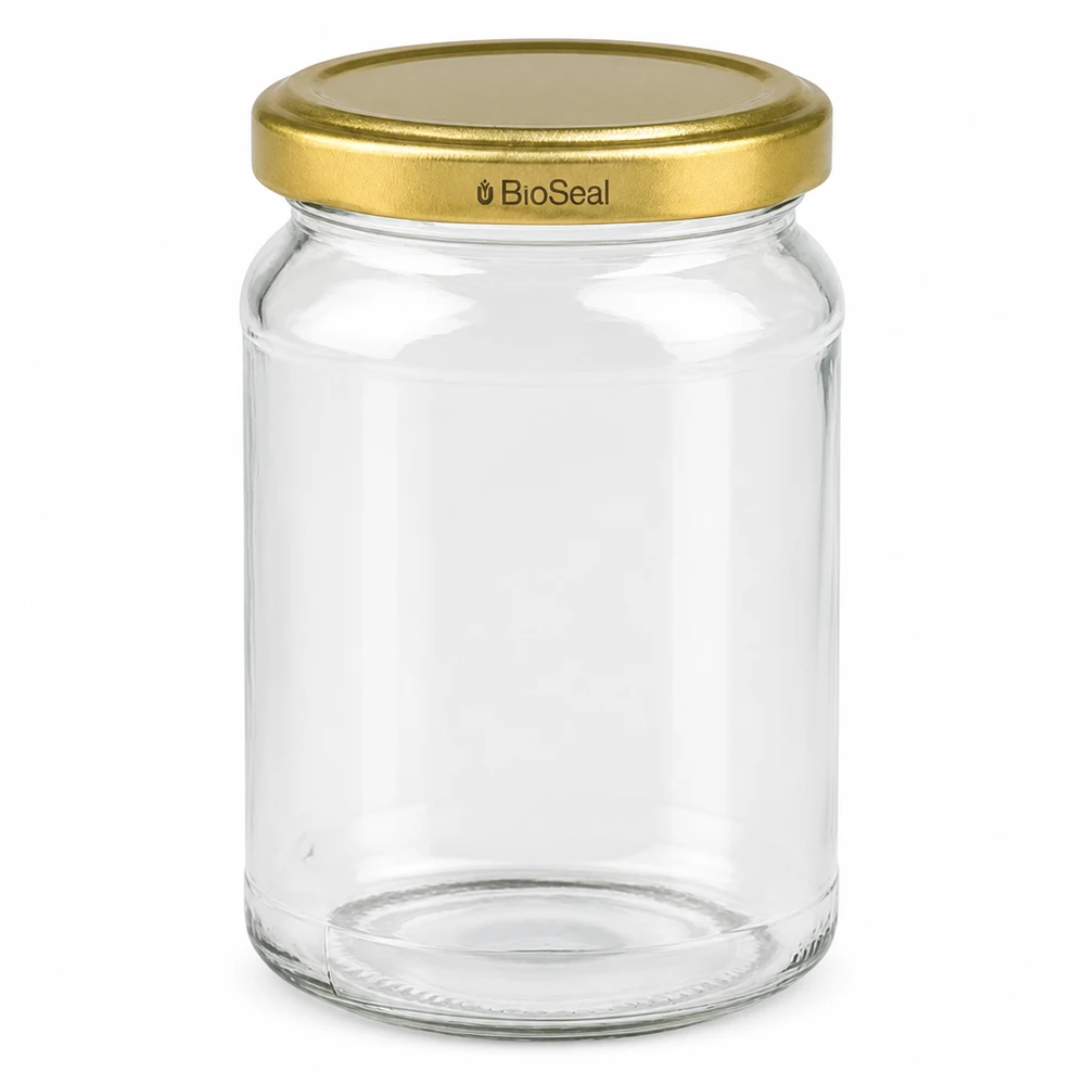 Kulatá dóza o objemu 205 ml se zlatým víkem UNiTWIST BioSeal. UNiTWIST Runda205 Einmachglas mit goldenem TO58 BioSeal Deckel leeres rundes Glasgefäß für Konservierung