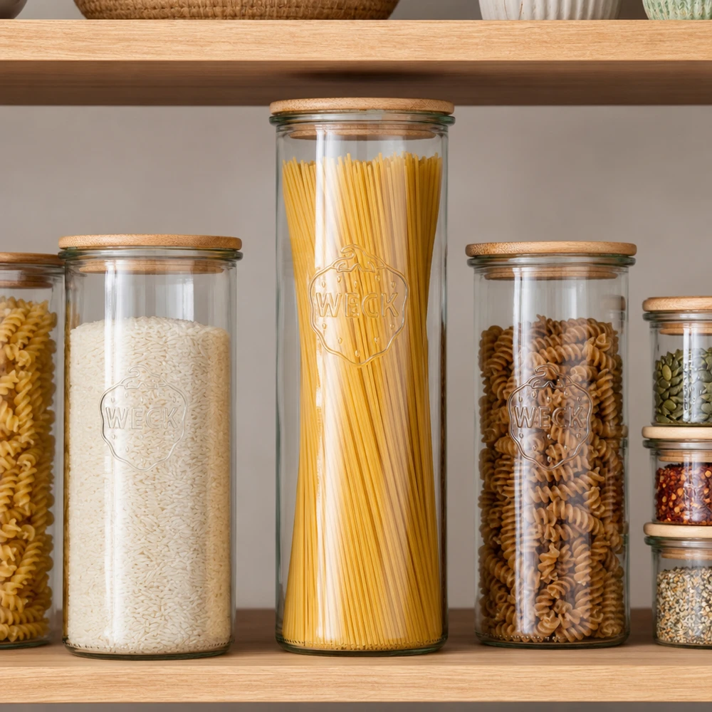 1500ml tumble nádoba WECK RR100 s dřevěným víkem buchta WECK Vorratsglas 1500ml RR100 mit Holzdeckel für Spaghetti Reis Nudeln perfekte Küchenorganisation Pantry