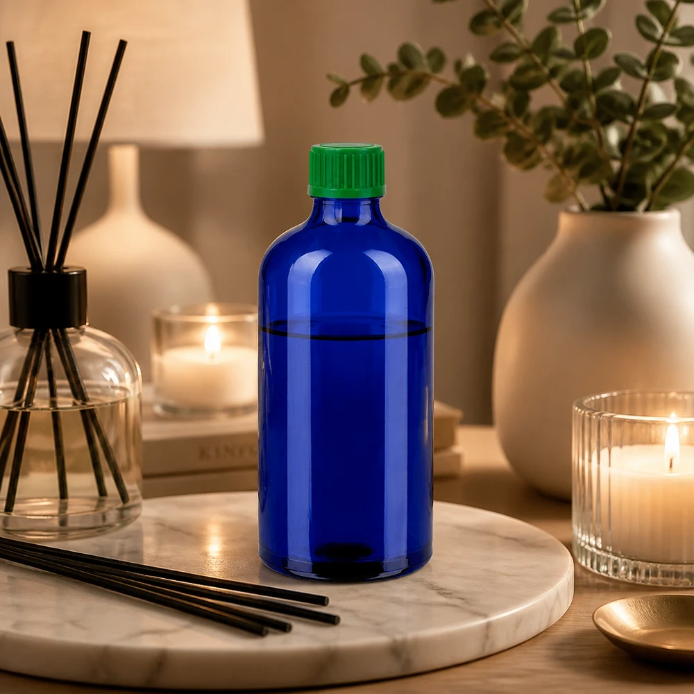100ml lahvička s kapátkem 0,8 mm zelenáStandardní uzávěr BlueLine UT18/100 Vielseitige BlueLine Tropfflasche 100ml aus UV-schützendem blauen Glas mit 0.8mm Tropfgenauigkeit
