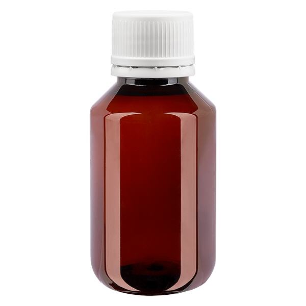 PET láhev 100ml s bílým uzávěrem s viditelnou manipulací, jemně vroubkovaným PET láhev 100ml s bílým uzávěrem s viditelnou manipulací, jemně vroubkovaným