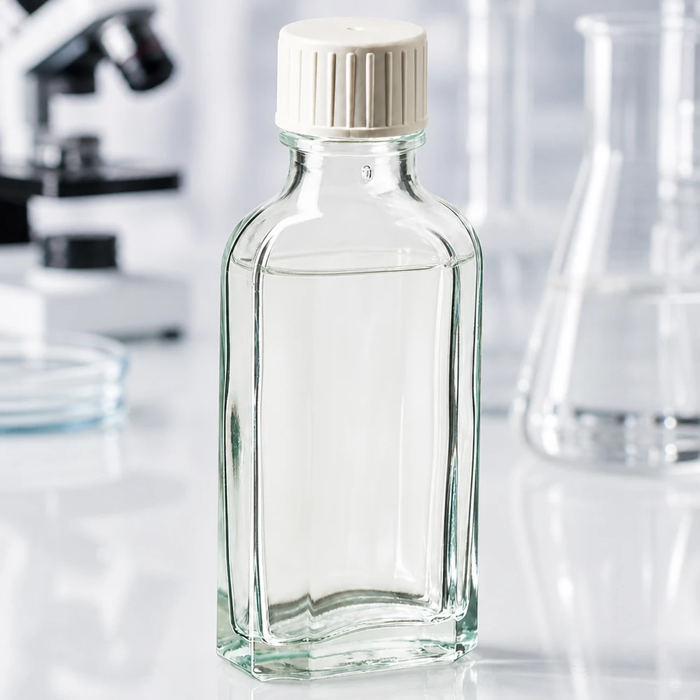 50 ml šroubovací uzávěr Meplat čirý s nalévacím kroužkem. 50 ml Meplat Flasche klar mit Gießring für Labor und Pharmazie