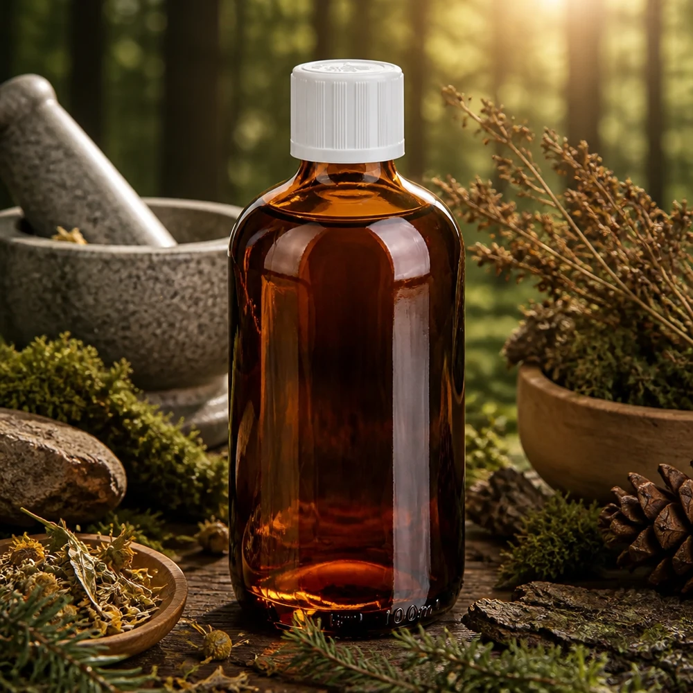 Lékárenská láhev hnědá 100ml kapací uzávěr bílý standardní uzávěr odolný proti otevření dětmi. 100ml Braunglas Apothekerflasche mit KiSi Verschluss in herbalistischer Naturkulisse mit Moos