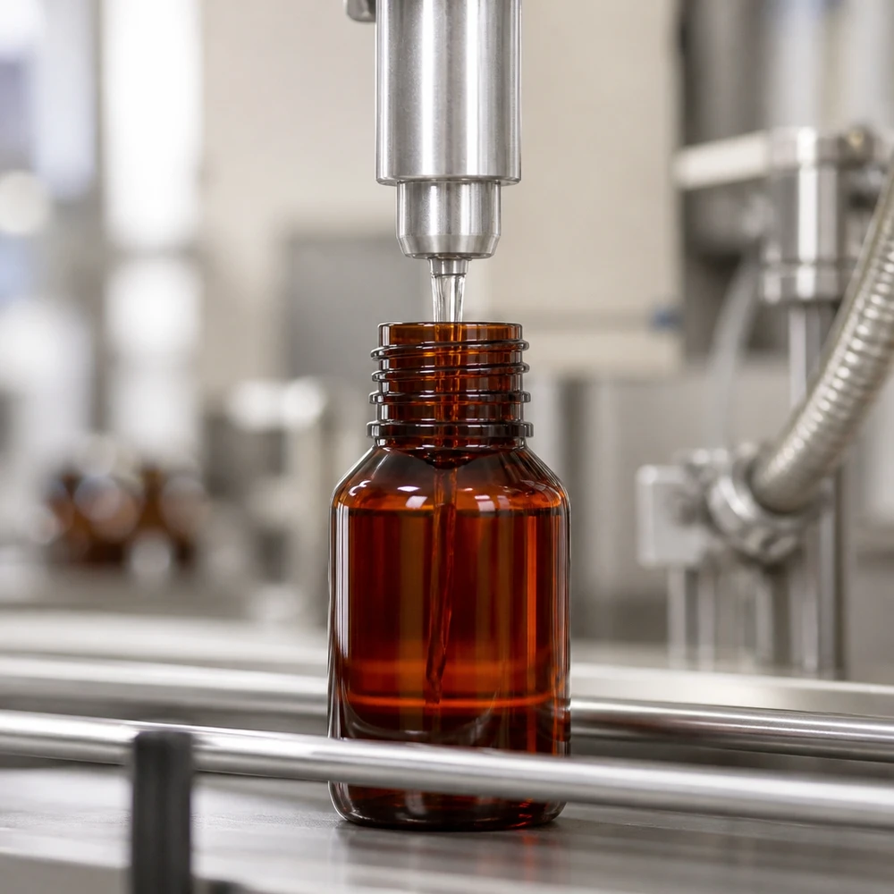 PET láhev 50ml se zeleným uzávěrem, který je odolný proti manipulaci. Plnicí linka plní hnědé PET lahvičky o objemu 50 ml se zeleným originálním uzávěrem v rámci farmaceutické výroby