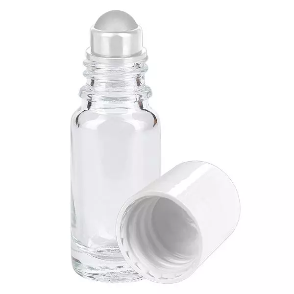 Lékárenská lahvička čirá 10ml roll-on s uzávěrem bílá Lékárenská lahvička čirá 10ml roll-on s uzávěrem bílá