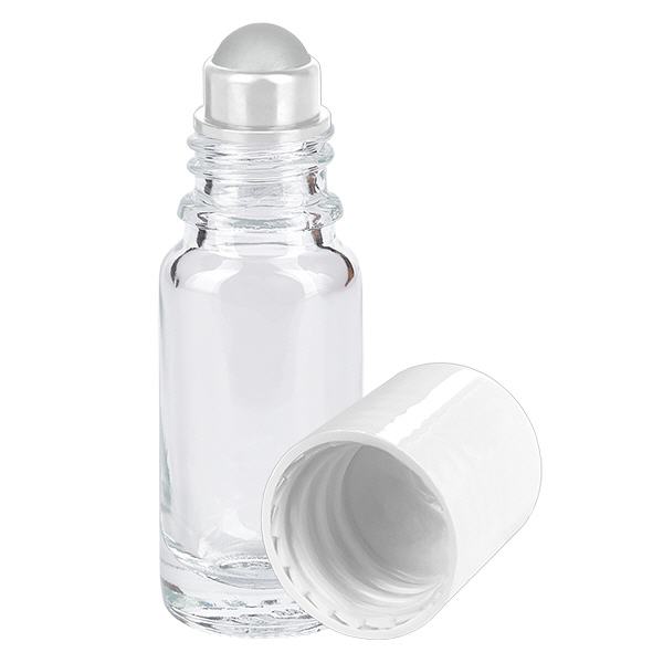 Lékárenská lahvička čirá 10ml roll-on s uzávěrem bílá Lékárenská lahvička čirá 10ml roll-on s uzávěrem bílá