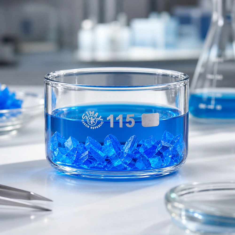 500ml krystalizační miska bez výlevky borosilikátová ø115mm Niedrige Glasschale ohne Ausguss 115mm mit Kristallisationsversuch in blauer Kupfersulfatlösung
