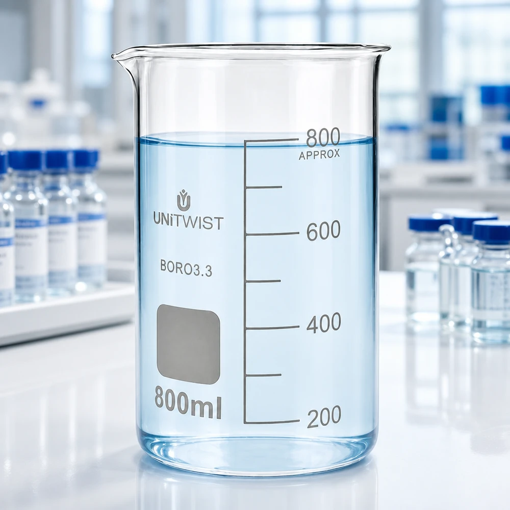 Kádinka 800 ml borosilikátová, vysoká forma UNiTWIST Laborbedarf UNITWIST Becherglas 800ml hohe Form Borosilikat neben Laborflaschen auf Arbeitstisch