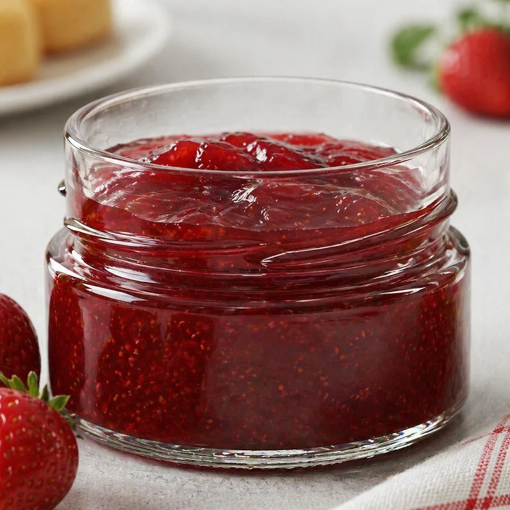 Kulatá sklenice o objemu 80 ml bez víčka (TO58deep) UNiTWIST UNiTWIST Runda80 Rundglas 80ml mit roter Erdbeermarmelade gefüllt, TO58deep Deckel, Marmeladenglas aus Glas