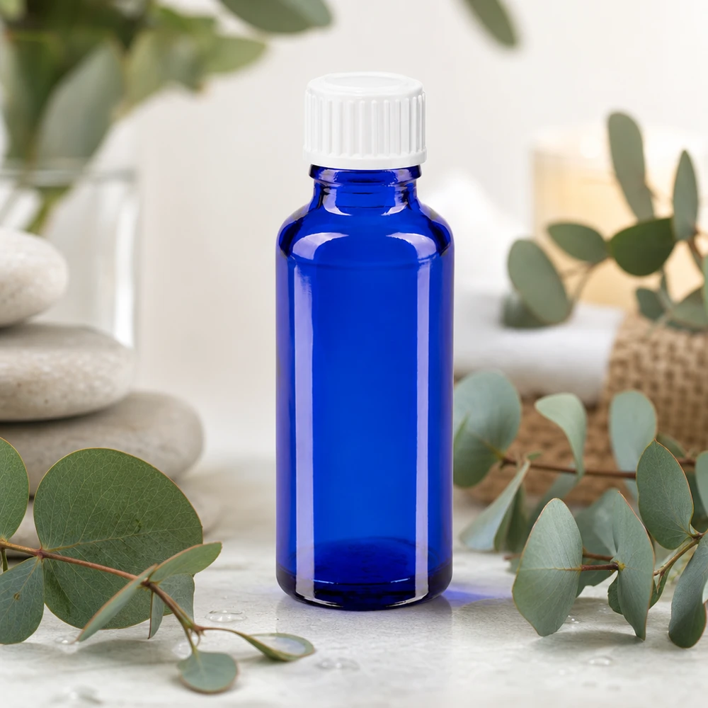 Lékárenská lahvička modrá 30ml šroubovací uzávěr bílý globule standardní Blaue 30ml Pharmaflasche aus Glas mit kindersicherem Weißdeckel in entspannender Naturkulisse