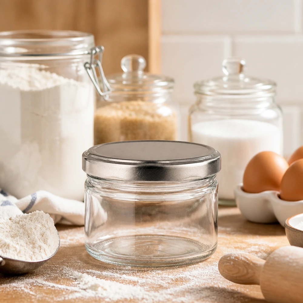 540ml Rundglas leer mit silber mattem Deckel in Küche, Backzutaten Mehl Eier, vielseitiges Aufbewahrungsglas
