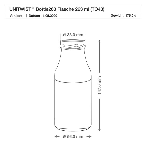 Láhev o objemu 263 ml bez víčka (TO43) UNiTWIST UNiTWIST Bottle263 Glasflasche 263ml TO43 mit Maßen 147mm Höhe 56mm Durchmesser technische Zeichnung
