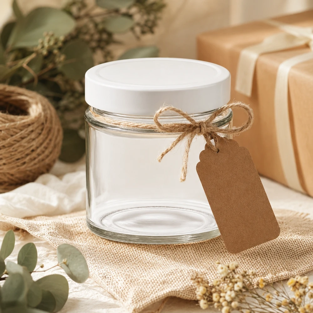 135ml kulatá sklenice + víčko BasicSeal bílé hluboké UNiTWIST 135ml Rundglas mit weißem BasicSeal Deckel dekorativ arrangiert mit Kraftpapier Anhänger Geschenkverpackung DIY