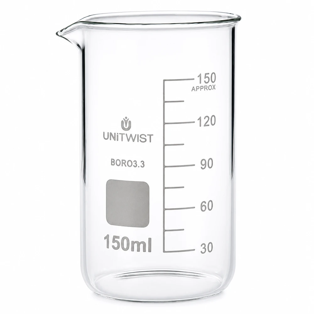 Kádinka 150ml borosilikátová, vysoká forma UNiTWIST Messbecherglas 150ml hohe Form UNITWIST Borosilikat mit weißer Skala und Ausgießer