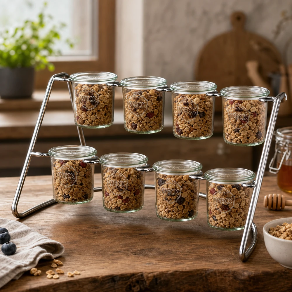 Servírovací stojan Flato8 na 8 pohárů WECK WECK Serviergestell Flato8 mit Müsli und Nüssen gefüllt zeigt praktische Küchenorganisation auf Holztisch