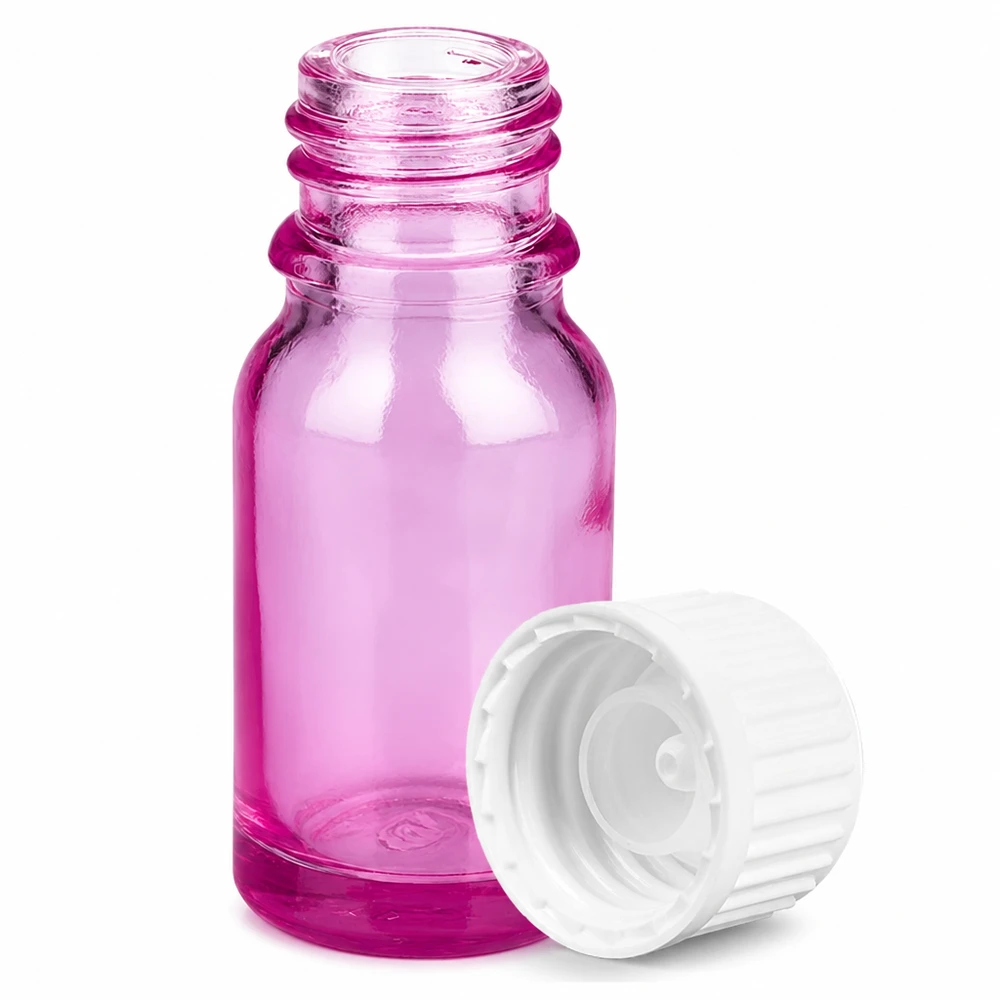 Lahvička o objemu 10 ml (globule). Nalévací kroužek 3 mm bílý standardní PurpleLine. UT18/10 Kleine violette Glasflasche 10ml mit weißem Deckel optimal für Reisegrößen und Proben