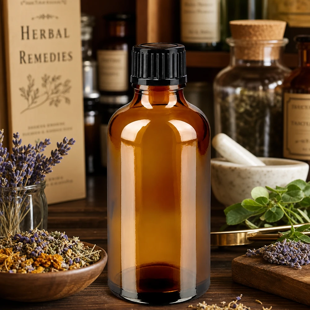 Lékárenská láhev hnědá 50ml se šroubovacím uzávěrem černá standardní UV-schützende Apothekerflasche 50ml Braunglas ideal für Heilkräuteranwendungen
