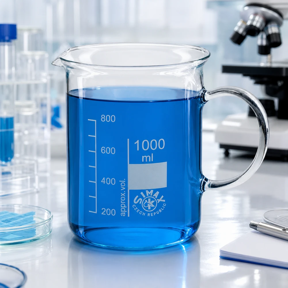 Kádinka 1000ml z borosilikátového skla, s rukojetí Großes Laborbecherglas 1 Liter mit Henkel Ausguss und eingeätzter Messskala aus Glas