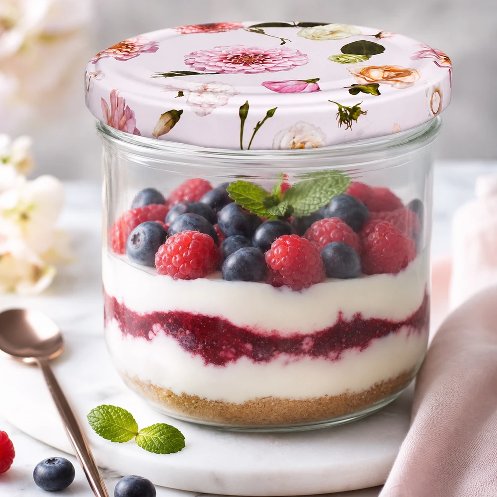 Sturzglas 260ml mit Blumendeckel gefüllt mit Beeren-Dessert - Anwendungsbeispiel für Einmachglas Vorratsbehälter