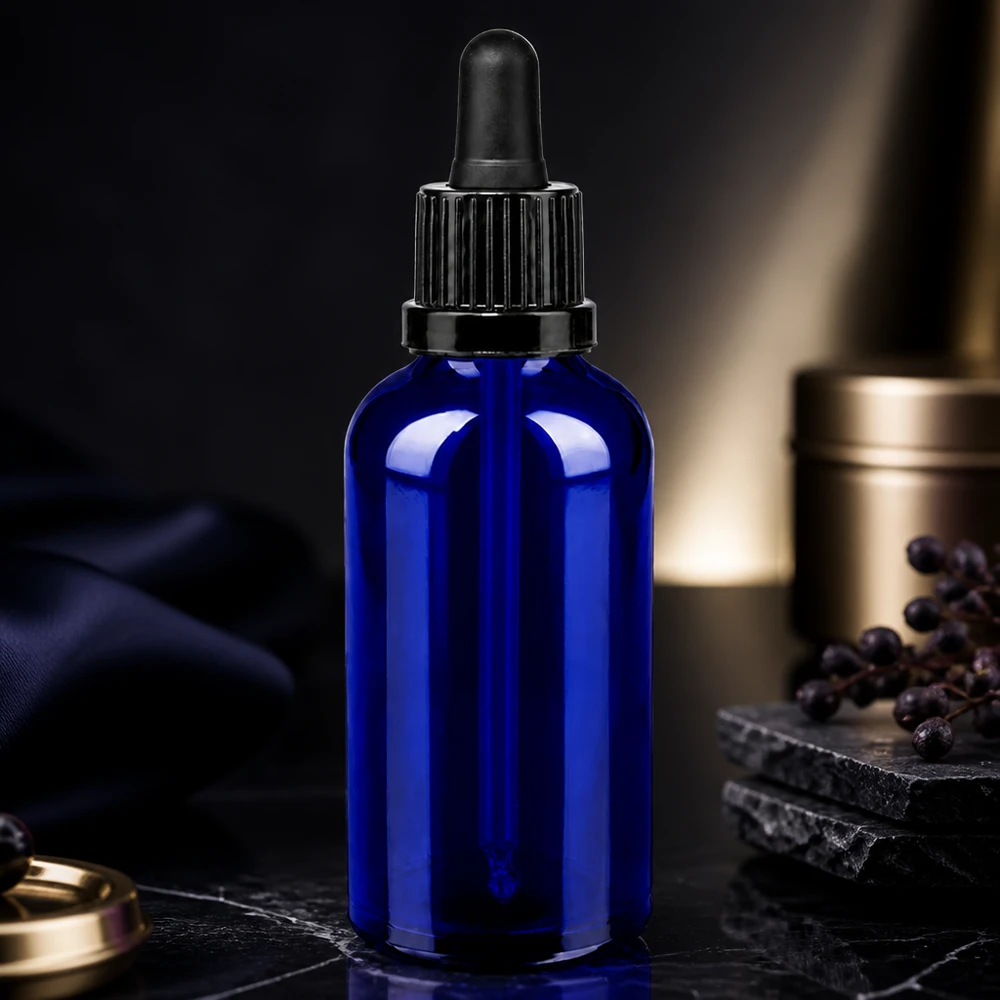 Stilvolle blaue Glasflasche mit ergonomischem Design - perfekt für DIY Kosmetik und Naturprodukte