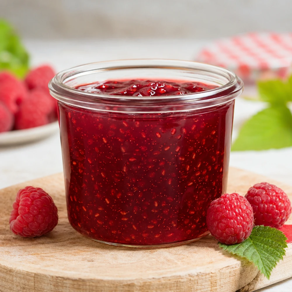 35ml kelímky WECK RR40 WECK Sturzglas RR40 35ml mit roter Marmelade gefüllt umgeben von frischen Himbeeren auf Holzbrett