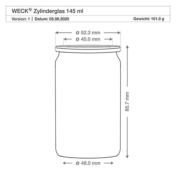 145ml válcová sklenice WECK RR40 s dřevěným dřívkem. WECK Zylinderglas 145ml RR40 technische Zeichnung mit Maßangaben Durchmesser 48mm Höhe 85,7mm Gewicht 101g
