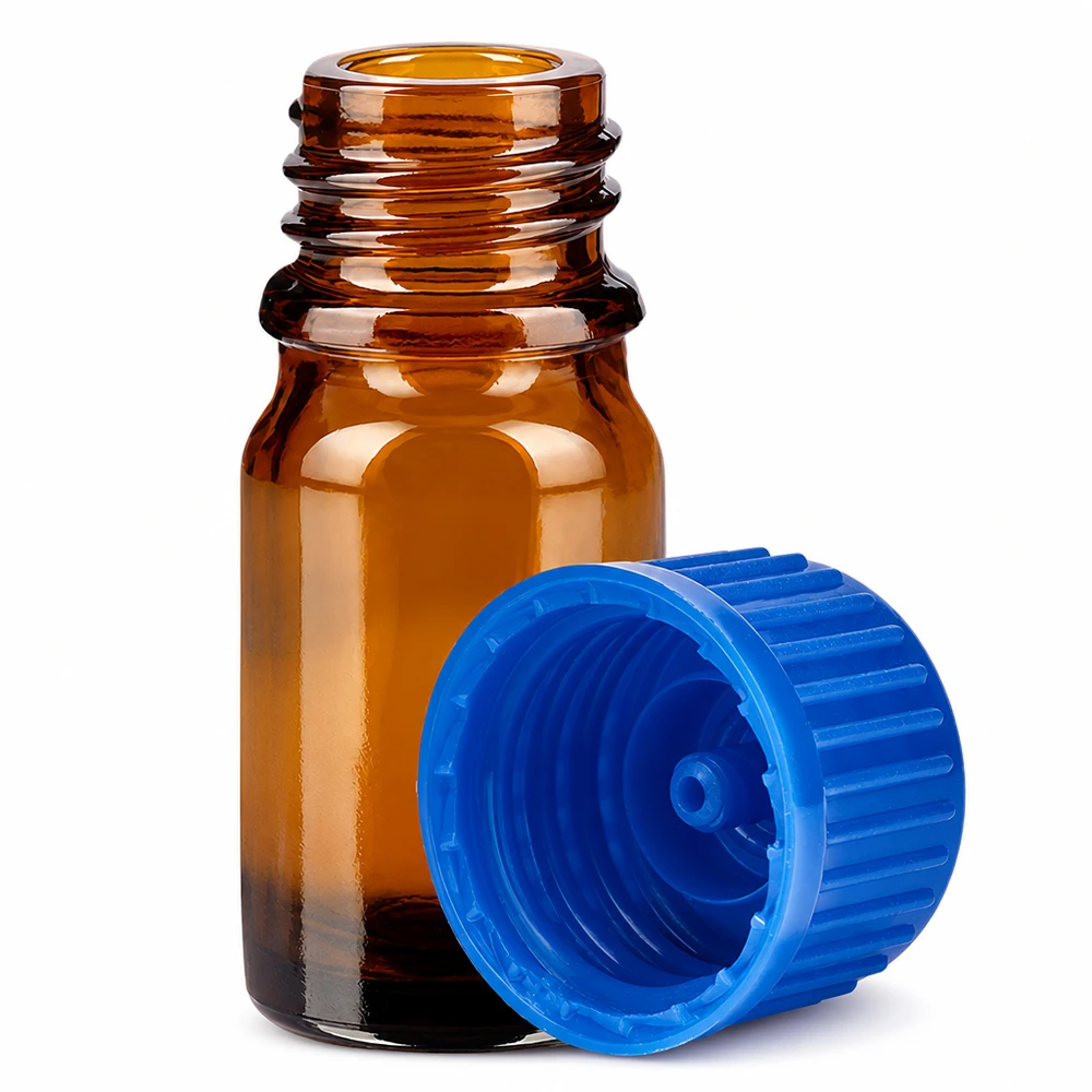 5ml lahvička 11mm šroubovací uzávěr modrá Standard BrownLine UT18/5 Hochwertige 5ml Glasflasche in Braun mit blauem 11mm Schraubverschluss für sichere Lagerung